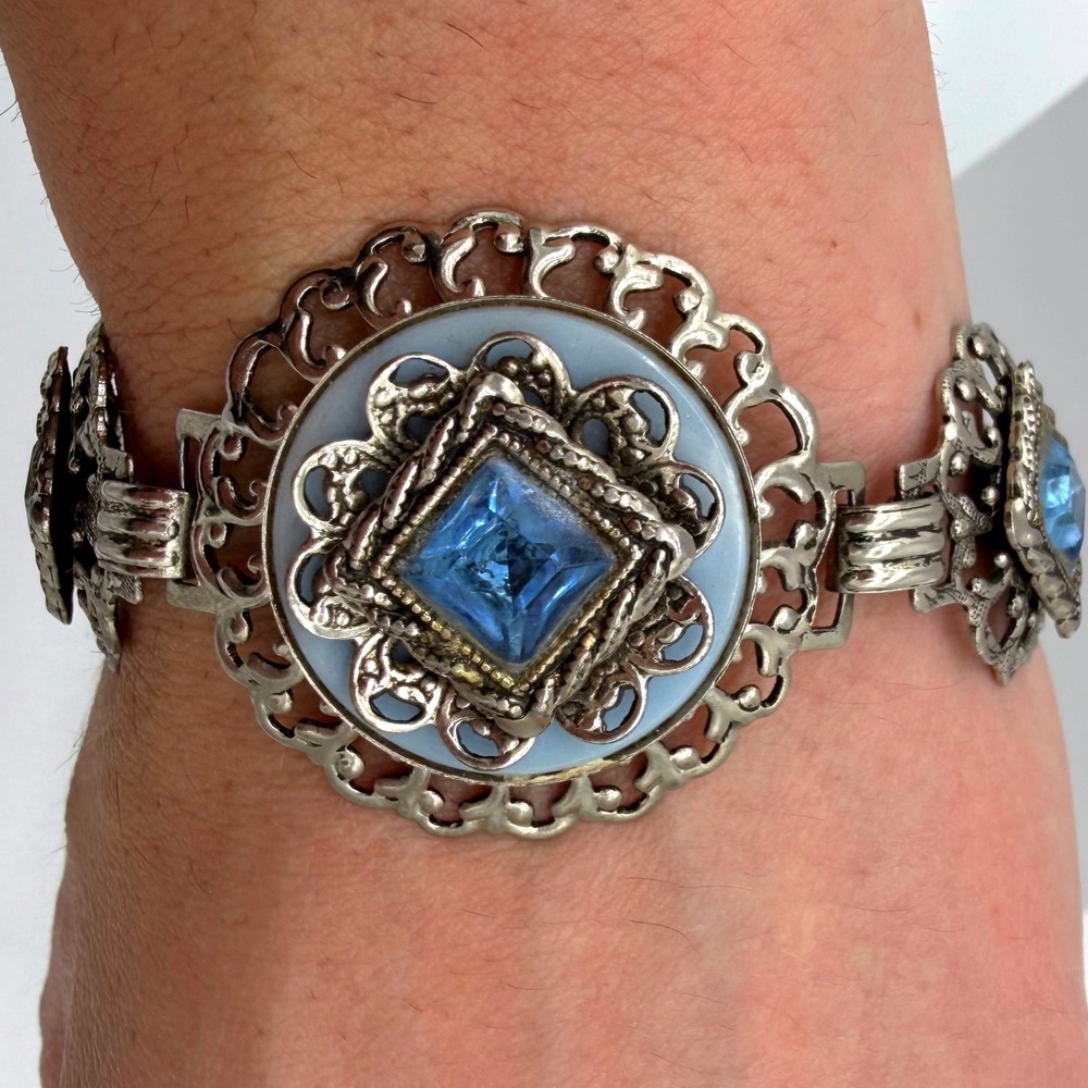 Vintage‎ Czech Filigree Blue Glass Rhinestone Art Deco Panel Bracelet